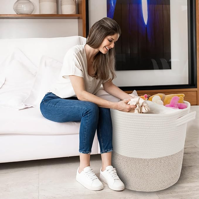 Large Storage Basket with Lid 60L, 16"Wx18"H Woven Laundry Hamper Basket with Handle, Room Decor Cotton Rope Wicker Basket Toy Organizer Bins for Clothes Blankets Pillows, Beige/White Mix includes Lid
