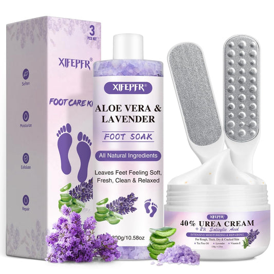 Foot Soak Set Callus Remover Pedicure Kit - Urea Cream 40%, Lavender Soak Salt with Epsom Salt & Foot File for Dead Skin, Foot Care Kit for Dry Cracked Heels at Home