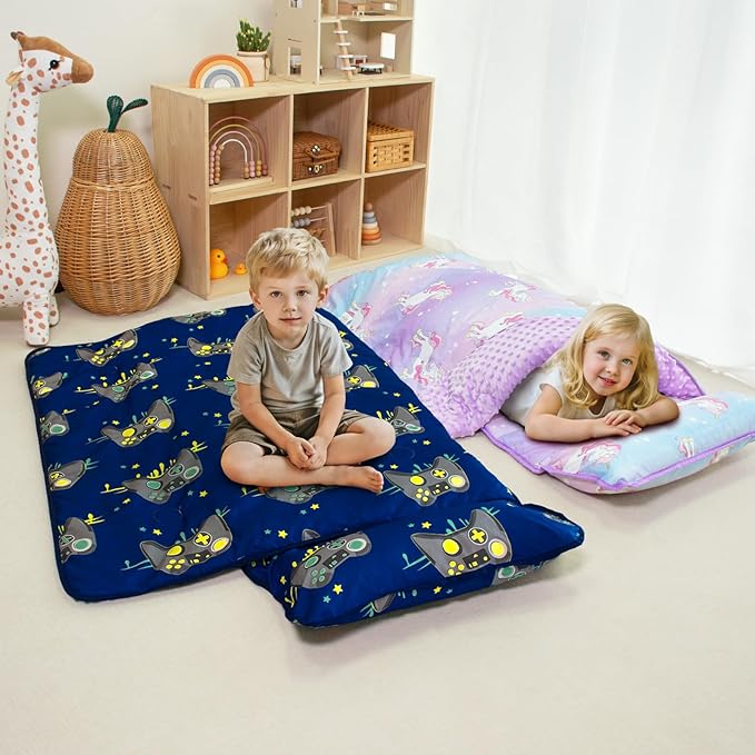 Toddler Nap Mat with Pillow and Minky Blanket, Large 55"x35" Sleeping Bag, Washable, Lightweight, Easy to Roll, Perfect for Preschool, Daycare, Kindergarten, Travel, Boys and Girls(Gamepad)