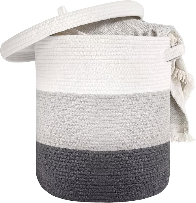 Large Storage Basket with Lid 60L, 16"Wx18"H Woven Laundry Basket with Lid Cotton Laundry Basket, Wicker Basket Blankets Pillows Storage in Living Room Baby Nursery, Dark Gray/Gray/White Mix with Lid