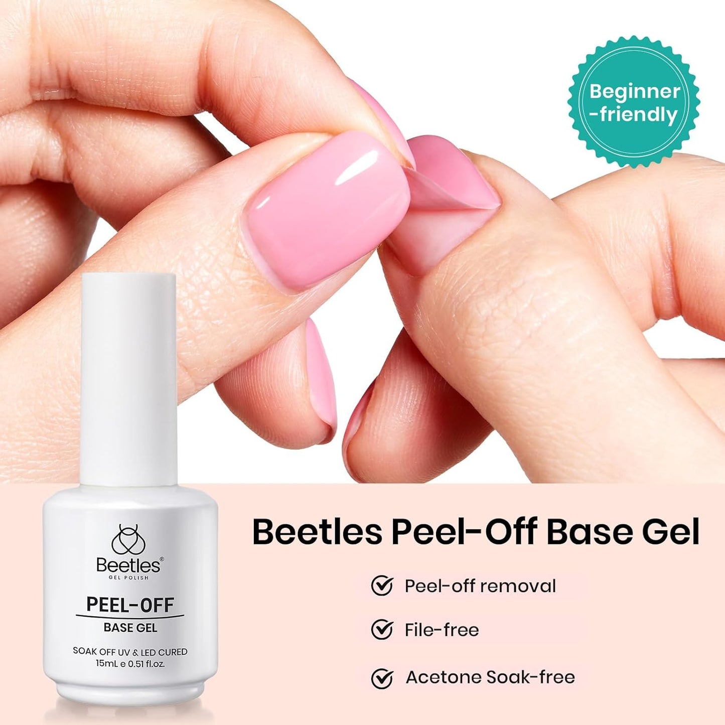 Beetles Peel‑Off Gel Base Coat 15 ml – Easy Removal Base Gel Nail Polish UV/LED Soak‑Off, Damage‑Free Low‑Odor 7‑10 Day Long‑Lasting, Beginner & Salon Friendly