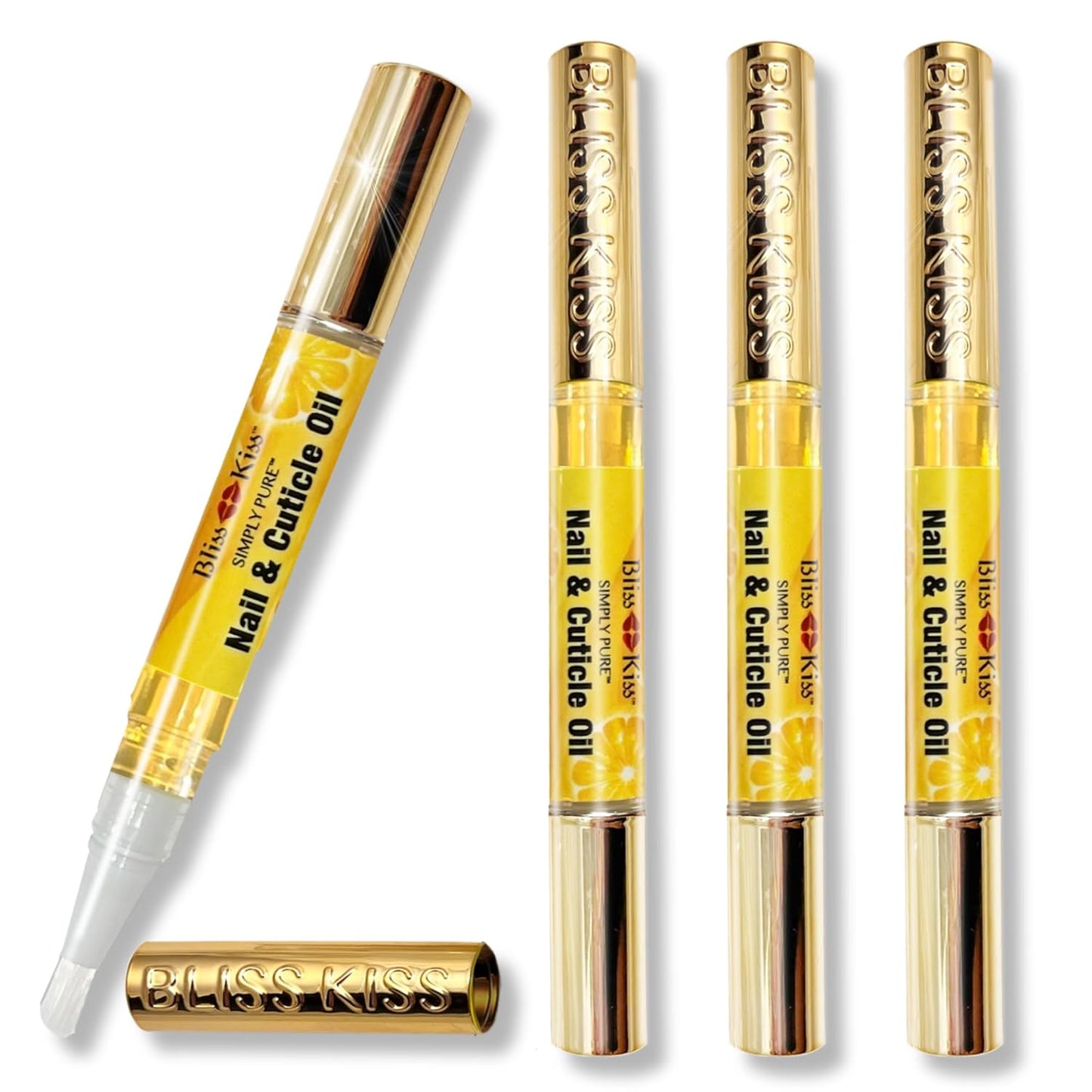 Bliss Kiss | Crisp Fragrance 4 Nail Oil Cuticle Pens w/Vitamin E & Jojoba⏤Nail Strengthener Nail Growth Treatment for Brittle Peeling Breaking Thin Nails
