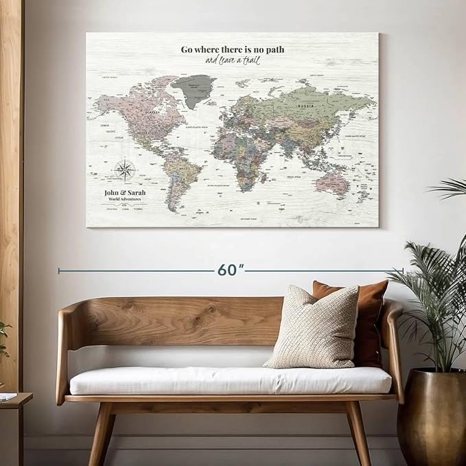 ElephantStock - Personalized Leave A Trail Iii Push Pin World Map Wall Art - Horizontal Canvas Wall Art - Living Room Wall Decor - Digital Art Map Canvas Art - White And Gray Decor - 51" x 34"