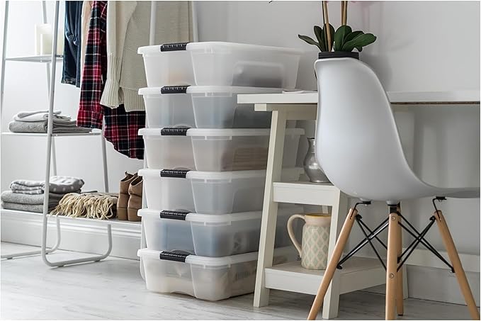 IRIS USA 27 Qt Stackable Plastic Storage Bins with Lids, 6 Pack - BPA-Free, Made in USA - Discreet Organizing Solution, Latches, Durable Nestable Containers, Secure Pull Handle - Pearl