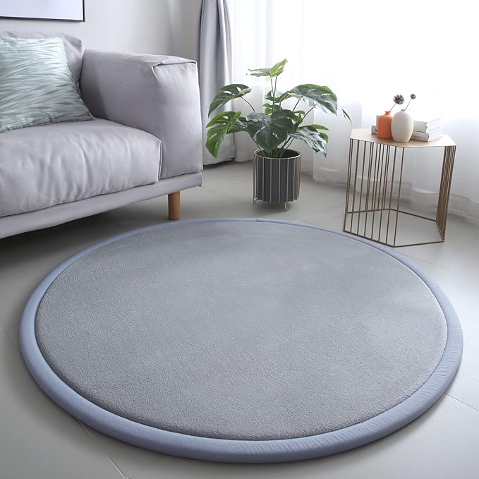 Loartee Thick Kids Round Rug - Coral Velvet Area Rugs, Memory Foam Circular Carpet for Nursery Playroom Home Decor Dormitory, Diameter 47 inch, Gray