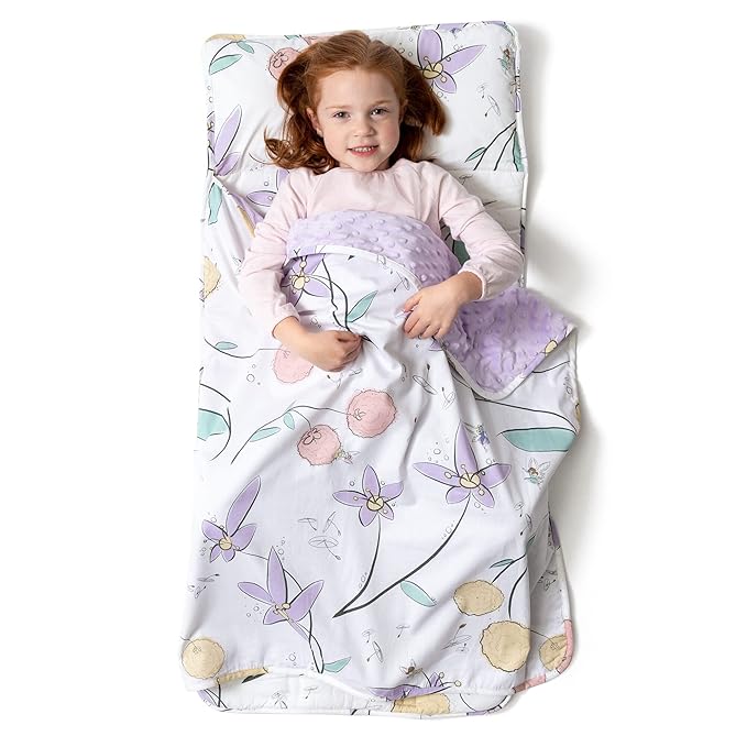 JumpOff Jo Nap Mat for Kids - Cozy Kids Rest Mat with Removable Pillow and Ultra Soft Blanket for Preschool, Daycare, and Sleepovers - Fairy Blossoms