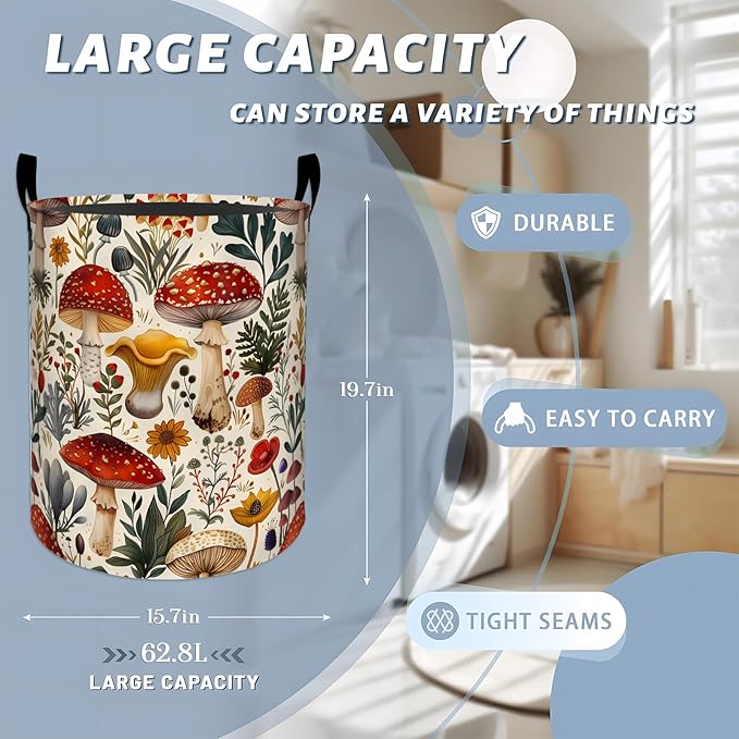 Whimsical Mushroom with Forest Plants Laundry Basket with Handles, 19.7"x15.7" Clothes Foldable Laundry Hamper Organizer for Dorm Nursery Bedroom Bathroom Decor, Toy Storage Bin for Kids