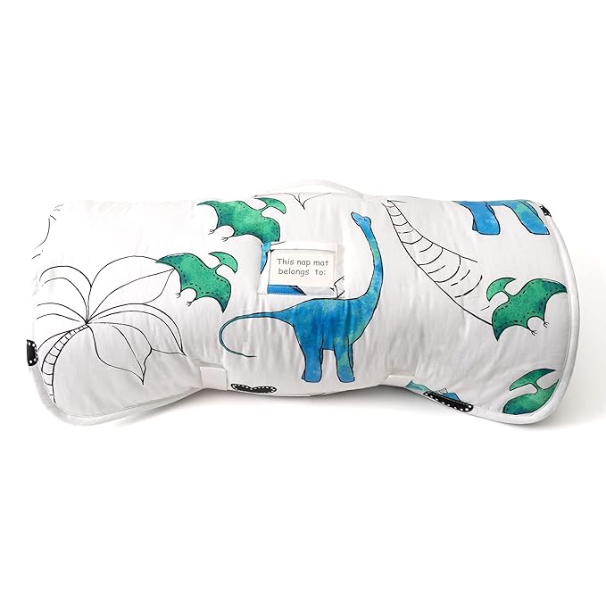 JumpOff Jo Nap Mat for Kids - Cozy Kids Rest Mat with Removable Pillow and Ultra Soft Blanket for Preschool, Daycare, and Sleepovers - Blue Dino