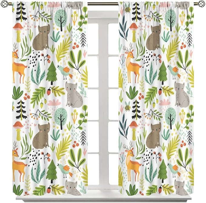 Cartoon Forest Kids Curtains,Cute Woodland Wild Animals Colorful Deer Plants Trees Print Pattern Thermal Insulation Blackout Window Drapes for Nursery Boys Girls Bedroom,White Background 42x45 Inch