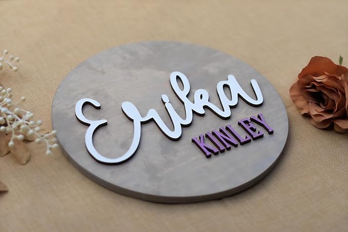 Custom Round Nusery Name Sign, Personalized 3D Baby Name Announcement Sign, Personalized Wooden Wall Plaque, 3D Wall Art for Children & Kids Rooms, Family Name Signs, 30 Colors (Design 8)