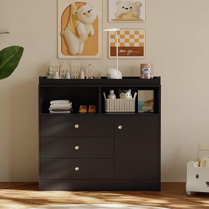 Baby Changing Table Dresser, Wooden Diaper Changing Station with 2 Open Shelves, 3 Drawers, and 1 Cabinet, Modern Baby Dressers for Nursery, Bedroom, Kids Room, Black