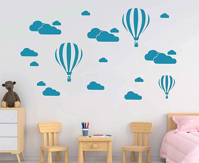 Giant Removable Vinyl 3D Hot air Balloons with Clouds Wall Decals DIY Wall Stickers Nursery Decor Kids Bedroom Art Decoration Girls Rooms Decal Child Sticker Home Walls Decal (White) D952 (Teal)