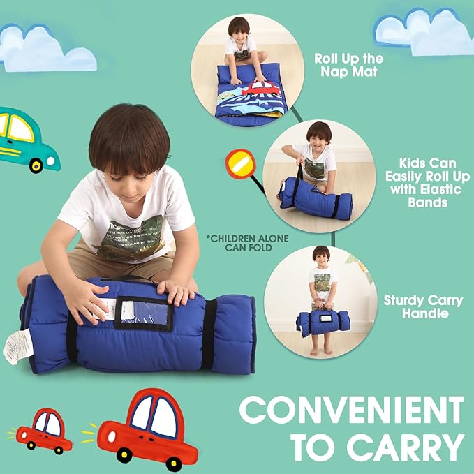 ACRABROS Toddler Nap Mat with Pillow and Blanket, Extra Large Rolled Napping Mats,Slumber Bags for Boys Girls,Kids Sleeping Bag for Daycare, Preschool Travel Camping, Crosswalk Car