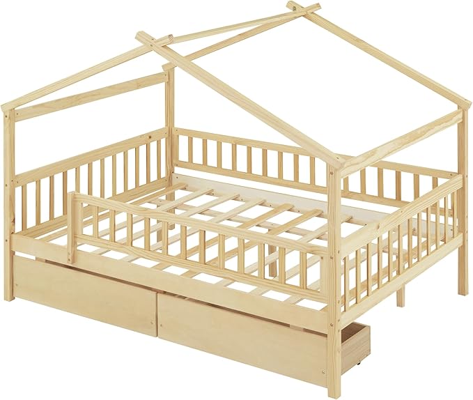Full House Bed with 2 Storage Drawers, Kids Full Bed Frame with Rails and Roof, Tent Bed, Wooden Full Daybed, Full Montessori Bed for Kids Teens Girls & Boys, No Box Spring Needed (Natural)