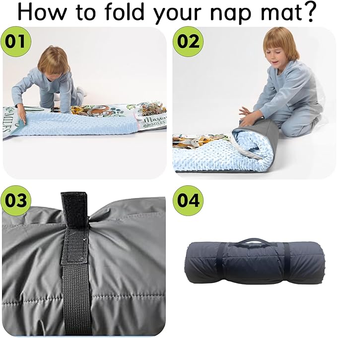 Personalized Toddler Nap Mats for Preschool, Custom Name Kids Sleeping Bag for Daycare, Roll Up Sleeping Mat with Removable Pillow and Soft Dot Minky Blanke for Boys Camping Travel