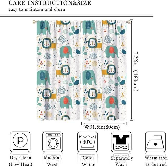 Cute Lions Blackout Curtains for Kids Bedroom,Cartoon Tropical Plants Birds Elephants Print Pattern Window Drapes,Funny Animal Thermal Insulation Curtain for Nursery Baby Room 63x72in