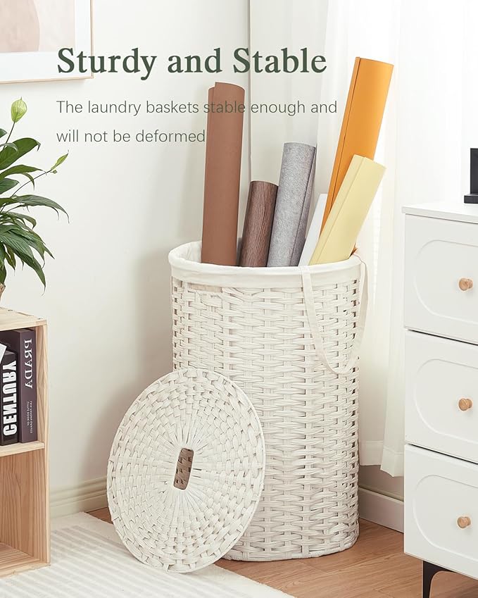 Large Laundry Hamper Laundry Basket Round 34.3 Gal (130 L) Handwoven Wicker Laundry Baskets Rattan Laundry Basket with Laundry Bag Handles 2 Mesh Bags for Living Room Bedroom White