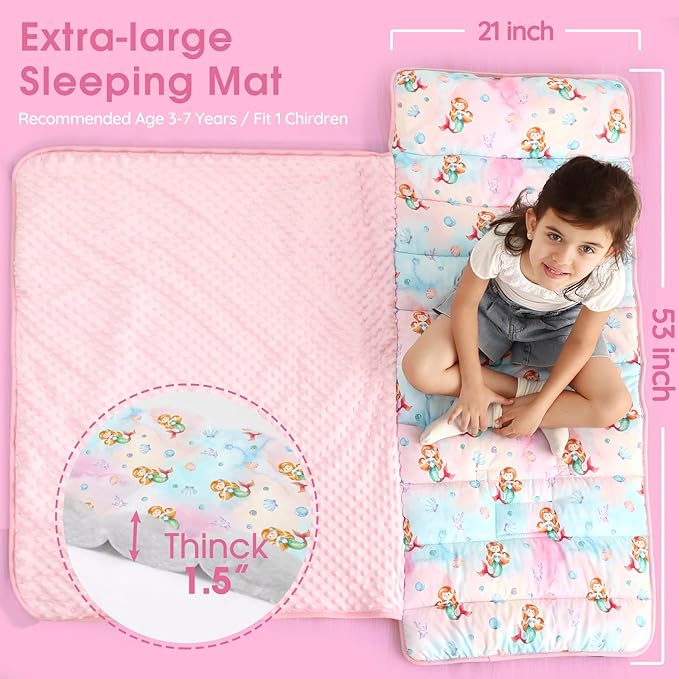 ACRABROS Toddler Nap Mat with Pillow and Blanket, Extra Large Rolled Napping Mats,Slumber Bags for Boys Girls,Kids Sleeping Bag for Daycare, Preschool Travel Camping, Shell Mermaid