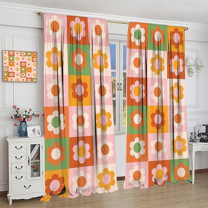 70s Flowers Curtains,Vintage Cute Colorful Abstract Floral for Girls Kids Bedroom Bathroom Curtains Window,Trendy Groovy Funky Novelty Home Window Treatments Drapes 72"" W X 63"" L, Style-5