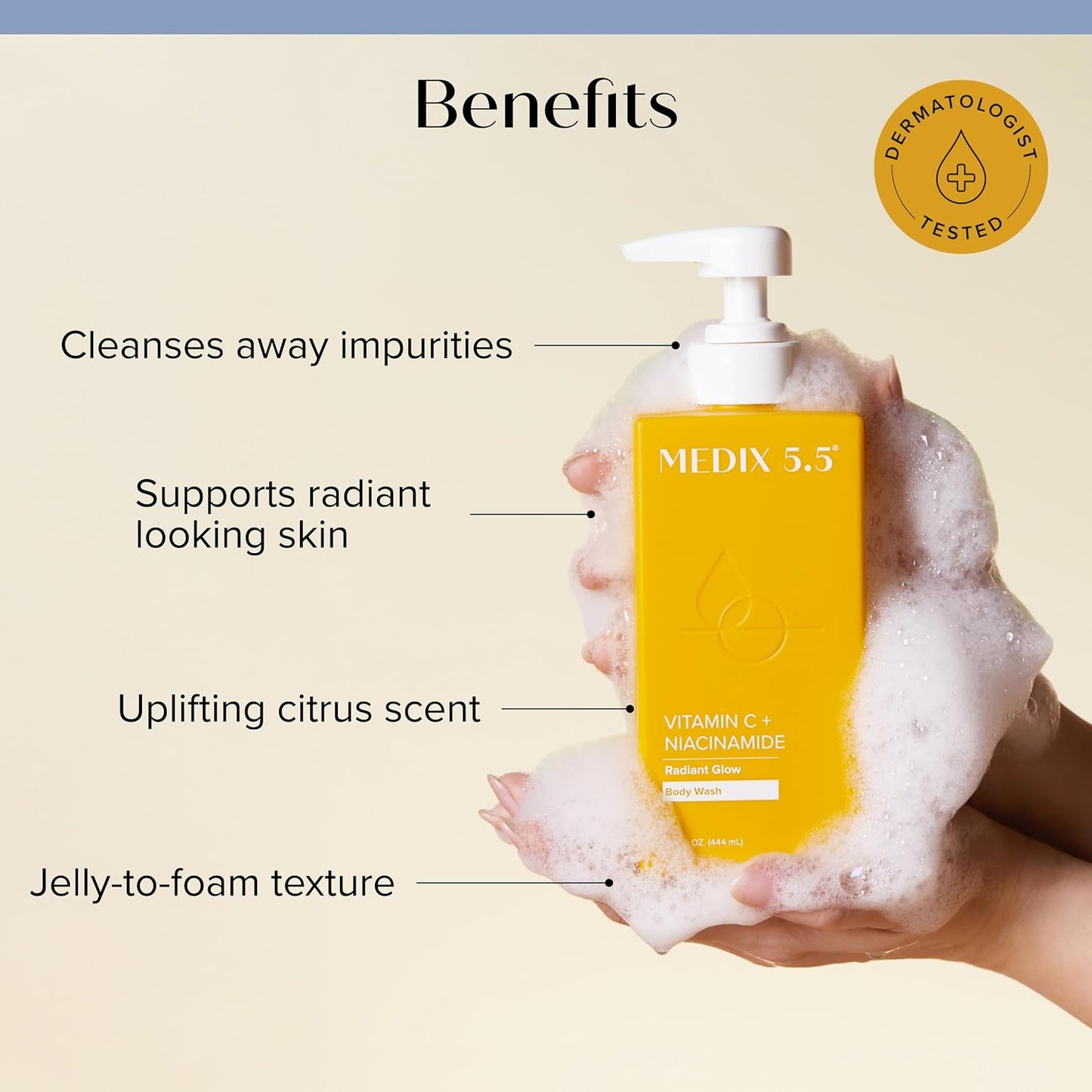 Medix 5.5 Radiant Glow Vitamin C Body Wash W/Niacinamide | Citrus Scented Gentle Body & Face Cleanser For Women, Men, Dry Skin, & Smoother-Looking Skin | Removes Dirt, Oil, & Impurities, 15 Fl Oz