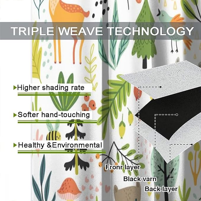 Cartoon Forest Kids Curtains,Cute Woodland Wild Animals Colorful Deer Plants Trees Print Pattern Thermal Insulation Blackout Window Drapes for Nursery Boys Girls Bedroom,White Background 42x45 Inch