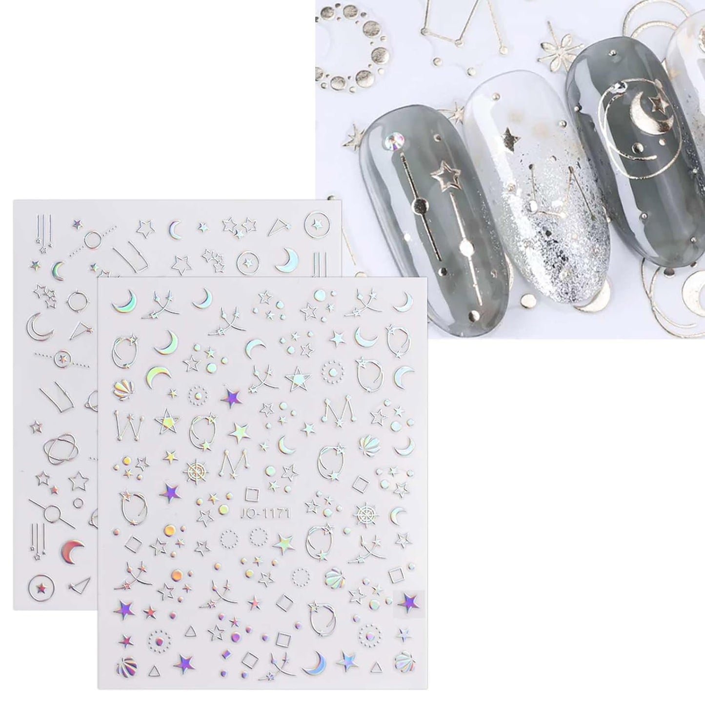 JMEOWIO 12 Sheets Aurora Nail Art Stickers Decals Self-Adhesive Pegatinas Uñas Glitter Holographic Star Heart Nail Supplies Nail Art Design Decoration Accessories