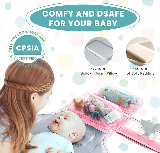 UBRAVOO Portable Diaper Changing Pad - Baby Diaper Changer Travel Bag with Wipes Pocket, Smart Design Portable Changing Mat, Infant Travel Station Kit, Gift for Newborn Girl & Boy (Pink)