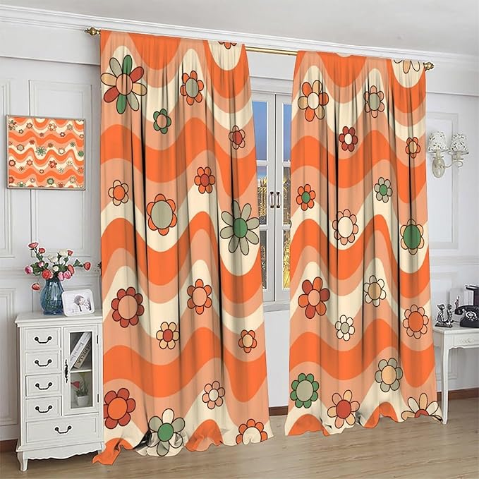 70s Boho Retro Curtains for Bedroom,Groovy Vintage Floral Rainbow Window Treatments Drapes for Kids Girls Window 72"" W X 63"" L, Style-6