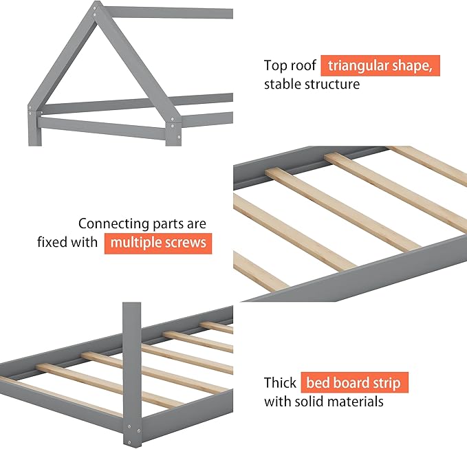 Merax Wood House Bed,Floor Bed with Wood Slats,No Box Spring Needed,Twin Size, Grey