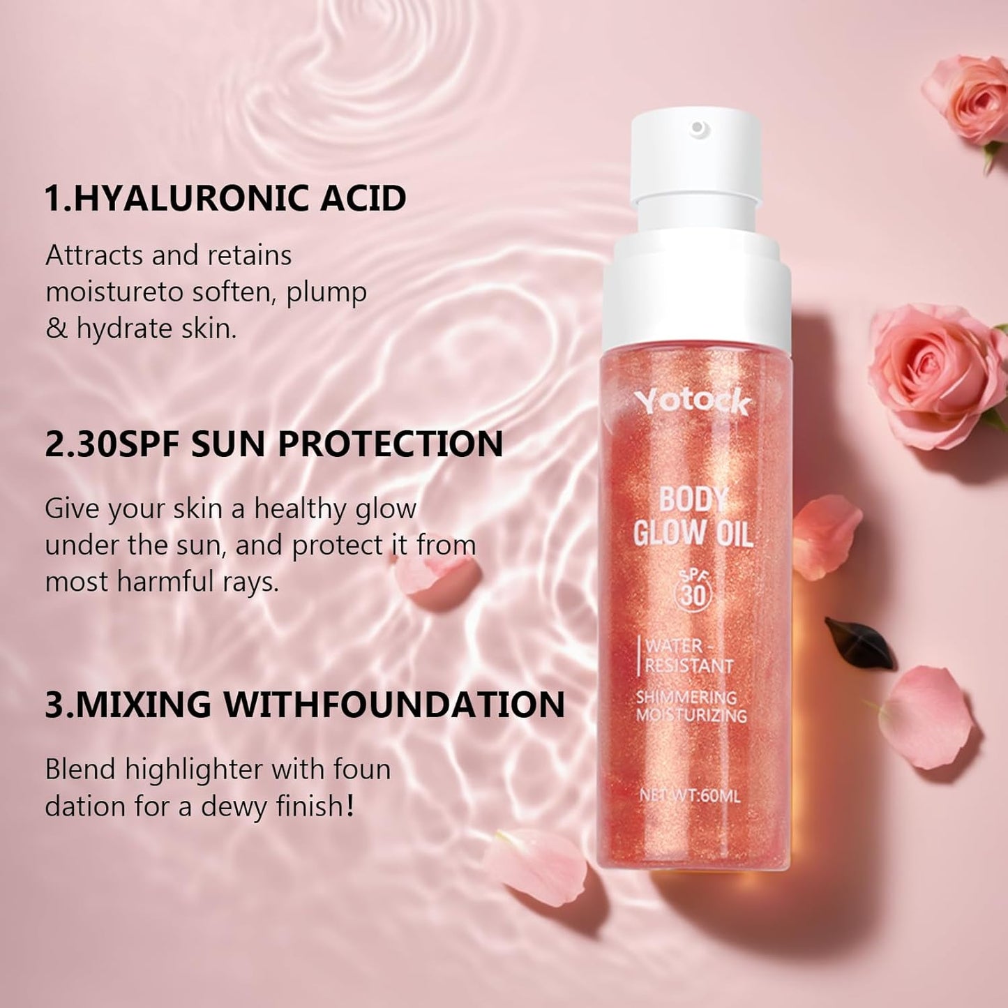 Body Glow Oil, SPF30 Moisturizing Body Oil Shimmer Rose Gold Mica Sunscreen,Coconut Glitter Body Oils for Women Nourishes Dry Skin, Lightweight, Moisturizer and Water Resistant 3.38 fl oz