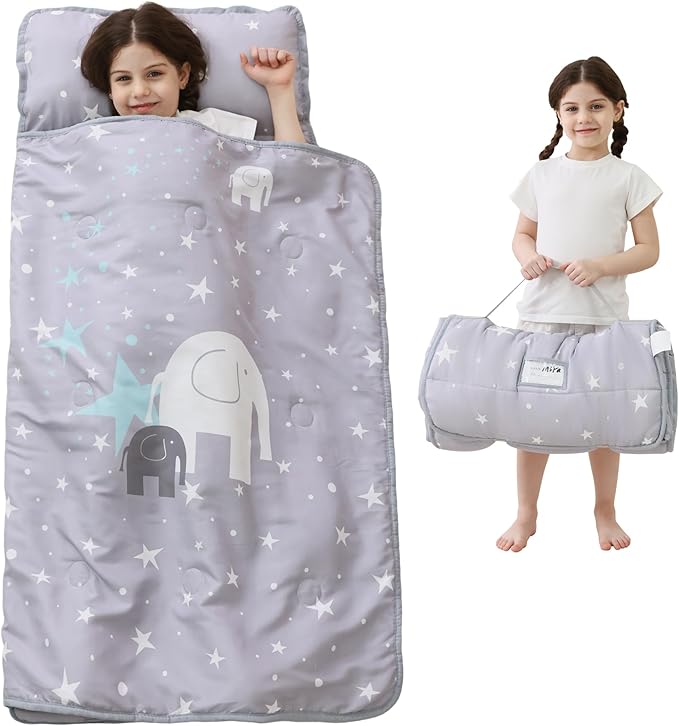 Toddler Nap Mat with Pillow and Blanket, Extra Large Rolled Napping Mats,Slumber Bags for Boys Girls,Kids Sleeping Bag for Daycare, Preschool Travel Camping