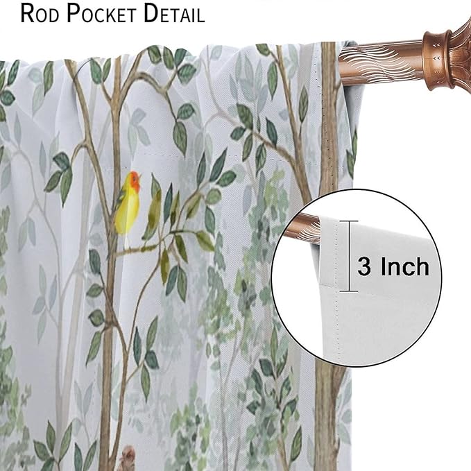 Kids Watercolor Woodland Animal Window Curtains, Bear Deer Squirrel Hedgehog Fox Birds Green Forest Blackout Rod Pocket Treatment for Boys Girls Bedroom 55x63in