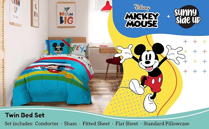 Sunny Side Up Disney Mickey Mouse Twin Comforter Set - 5 Piece Kids Bedding Includes Comforter, Sheets & Pillow Cover - Super Soft Microfiber Bed Set