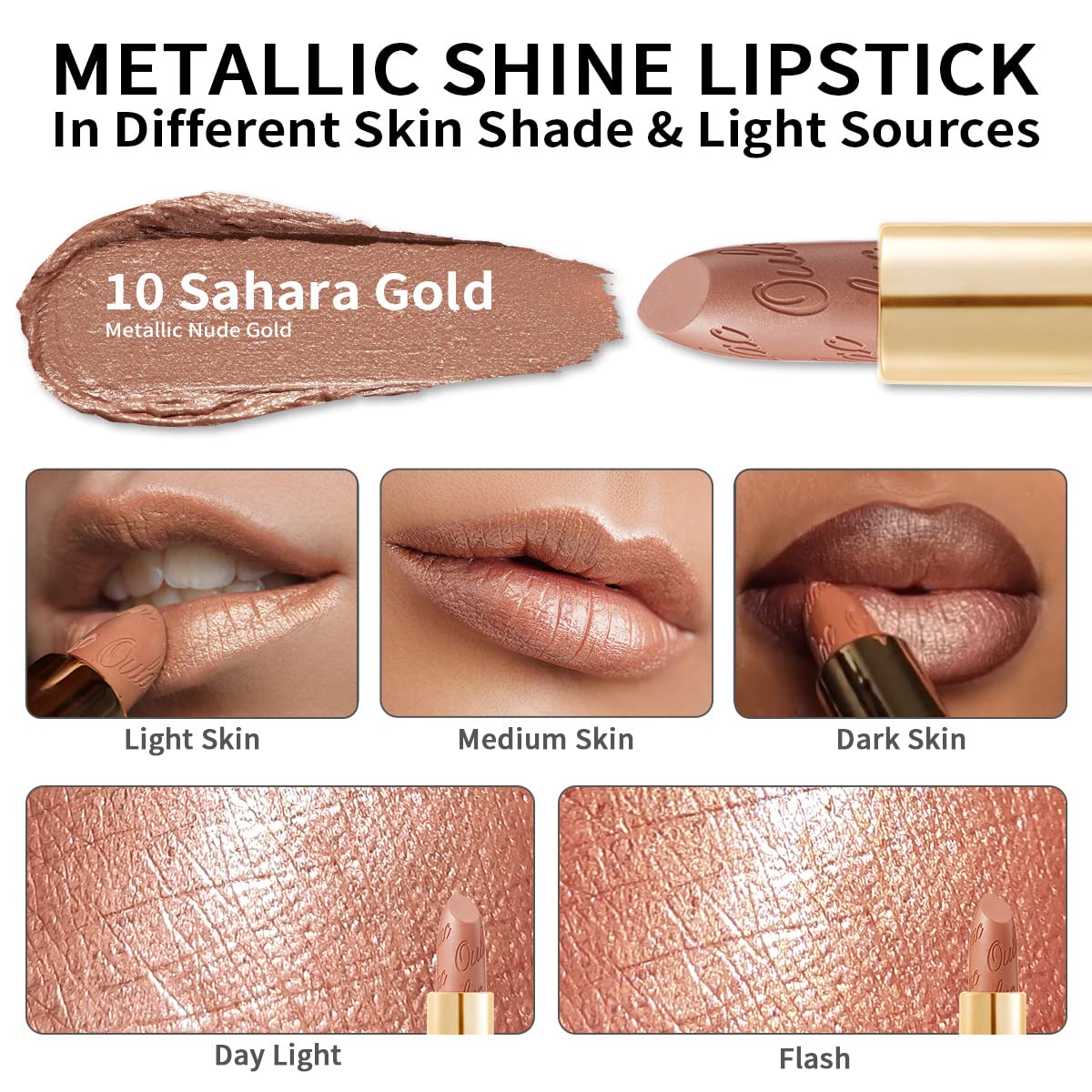 Oulac Metallic Lipstick for Women with Lightweight Hydrating Formula, Metallic Golden Nude Lip Stick, Vegan Beauty, Full Coverage Lip Makeup, Christmas Gifts for Women, Sahara Gold(10)