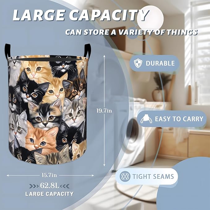 Cute Cat Close-Up Portrait Laundry Basket with Handles, 19.7"x15.7" Clothes Foldable Adorable Kittens Laundry Hamper Organizer for Dorm Nursery Bedroom Bathroom Decor, Toy Storage Bin for Kids