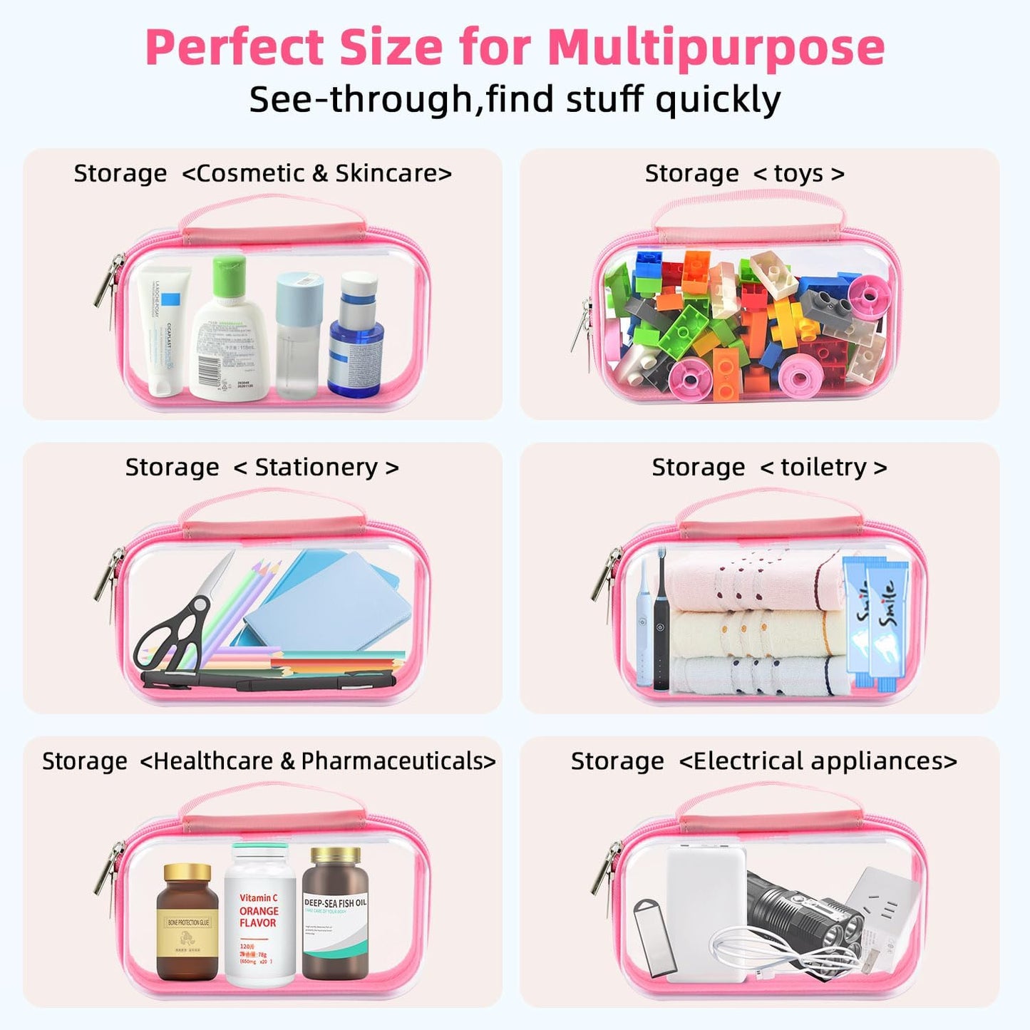 SameTech Hard Shell Zipper Case, 2pcs Clear Zippered Hard Small Box, Clear Plastic Pouches Travel Bags for Kids, Storage for Building Blocks, Puzzles, Cosmetics, Crafting Supplies