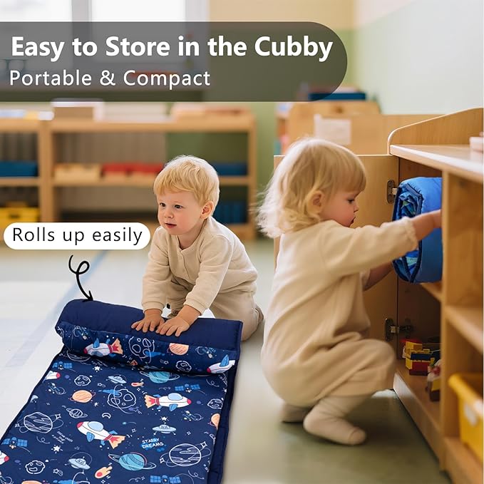 Primlect Toddler Nap Mat with Removable Pillow and Fleece Blanket, Extra Large 55''x35'' Sleeping Bag, Washable, Light, Easy to Roll up, Perfect for Daycare, Preschool, Kindergarten, Travel