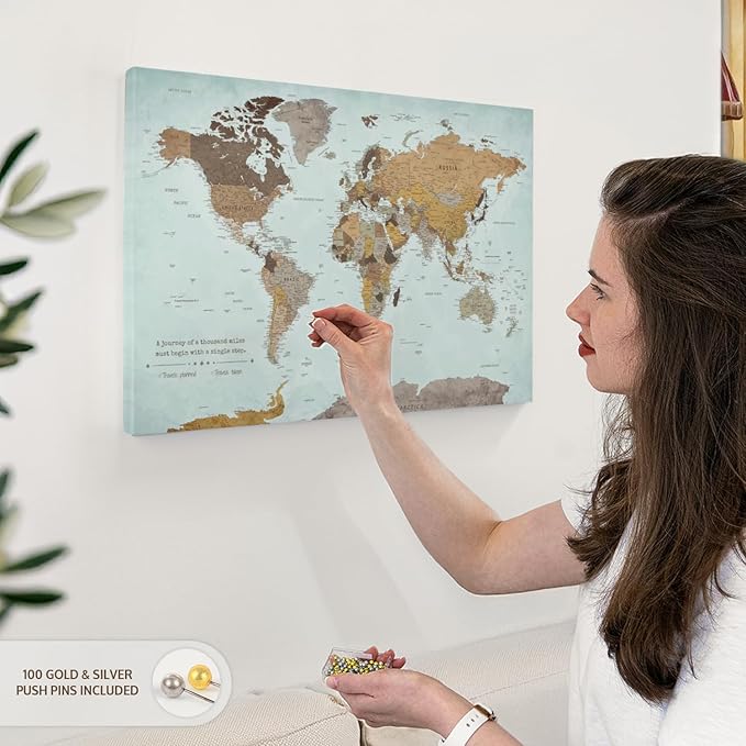 ElephantStock - A Thousand Miles World Push Pin Map Wall Art - Horizontal Canvas Wall Art - Living Room Wall Decor - Printmaking Map Canvas Art - Blue And Brown Decor - 24" x 16"