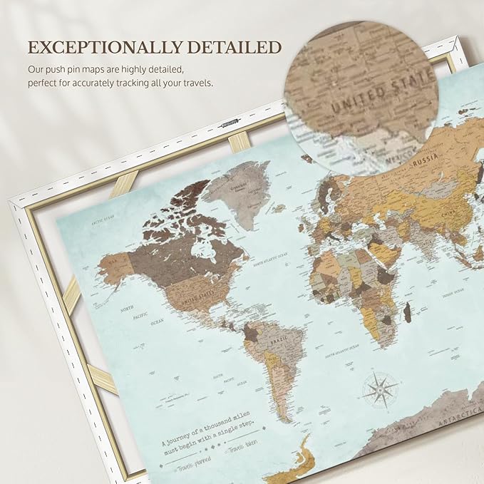 ElephantStock - A Thousand Miles World Push Pin Map Wall Art - Horizontal Canvas Wall Art - Living Room Wall Decor - Printmaking Map Canvas Art - Blue And Brown Decor - 48" x 32"