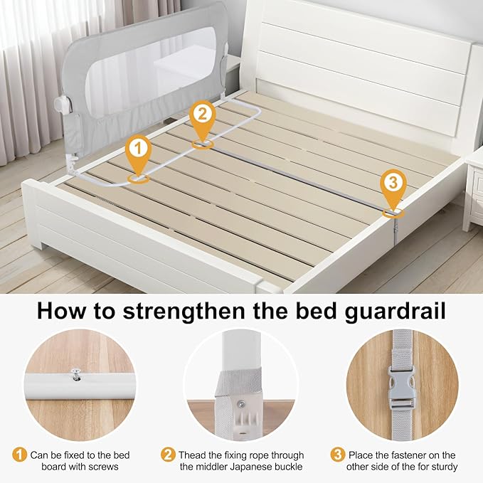 Bed Rail for Toddlers,Swing Down Kids Beds Rails Guard for Twin,Full,Queen,King,Bunk Size Bed,Extral Tall Child Bed Rail Guard with Reinforced Anchor Safety System (Grey, 59inch,1 Side)