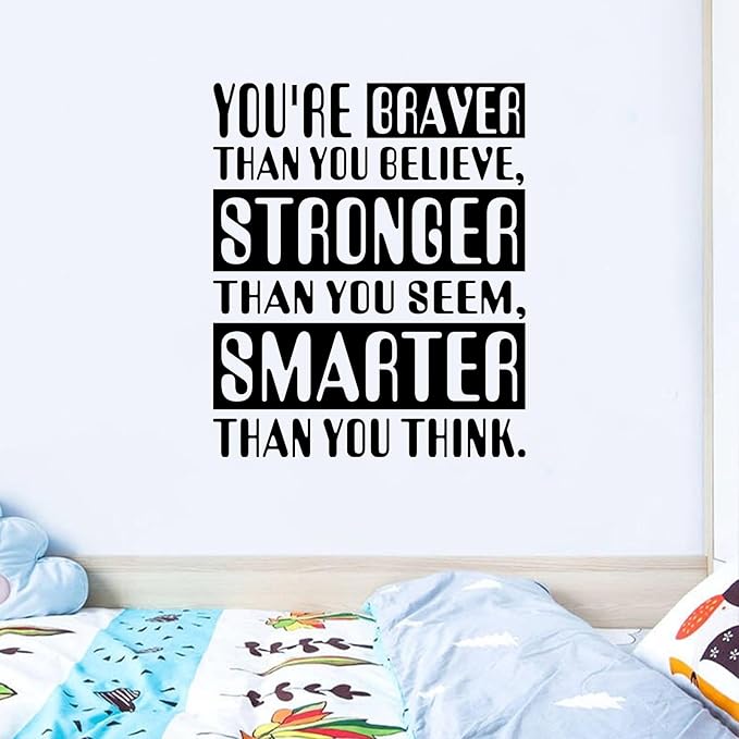Baby Quotes Wall Stickers for Nursery: Kids Inspirational Positive Moon Stars Vinyl Art Wall Decals - Bedroom Playroom School Wall Decor - You're Braver Than You Believe Stronger 15" X 18"