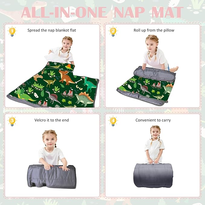 Cute Toddler Nap Mat with Pillow & Blanket，Soft Rolled Napping Mats for Boys and Girls