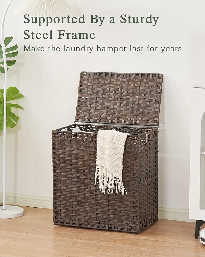 Laundry Hamper with Lid Wicker Laundry Basket 112 L (29.6 Gal) Laundry Hampers Handwoven Rattan Laundry Hamper with Handles 3 Removable Washing Bag, 6 Mesh Bags for Bathroom Bedroom Brown
