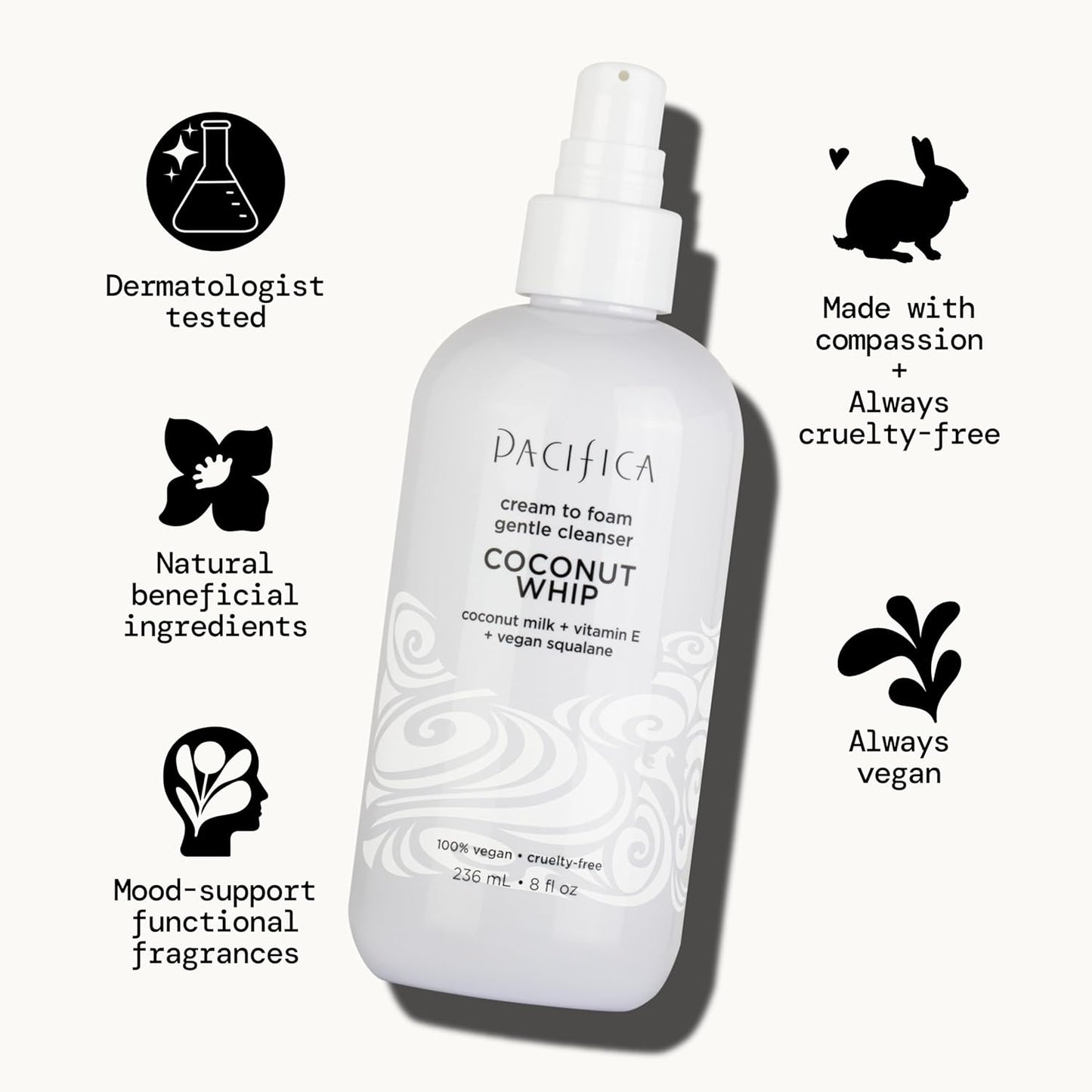 Pacifica Coconut Whip Cream to Foam Face Wash - Gentle Hydrating Facial Cleanser for Dry & Sensitive Skin, Moisturizing Daily Face Wash, Non-Comedogenic Vegan & Cruelty-Free, Dermatologist Tested 8oz