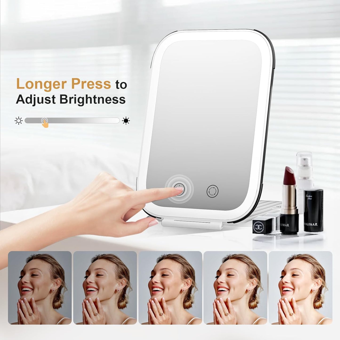 FUNTOUCH Rechargeable Travel Makeup Mirror with Lights and Small 10X Magnification,Light up Portable Vanity Mirror with 80 Leds,2000mAh Battery,Brightness Adjustable,3 Lighting, Dimming Compact Mirror