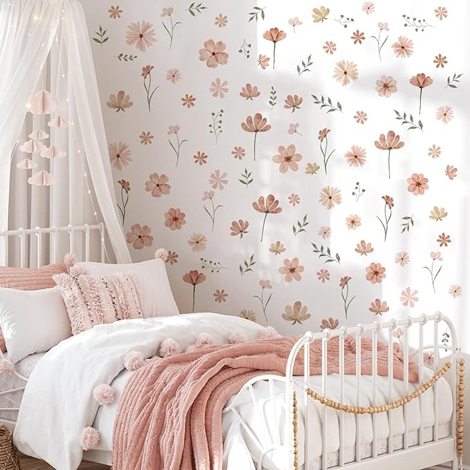 Boho Flower Wall Decals, Daisy Wildflower Wall Stickers Leaf Floral Decor for Girls Bedroom Baby Nursery Kids Room Decor