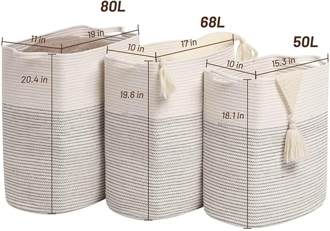 Tall Laundry Basket With Handles,Woven Cotton Rope Big Laundry Hamper Sorters,Versatile Storage for Dirty Clothes,Baby Toys,and Blankets in Bathroom, Nursery,and Living Room (White/Black Line, 50L)