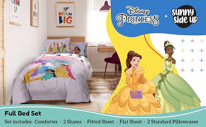 Disney Princess Full Comforter Set - 7 Piece Kids Bedding Includes Comforter, Sheets & Pillow Cover - Super Soft Rainbow Stars Microfiber Bed Set
