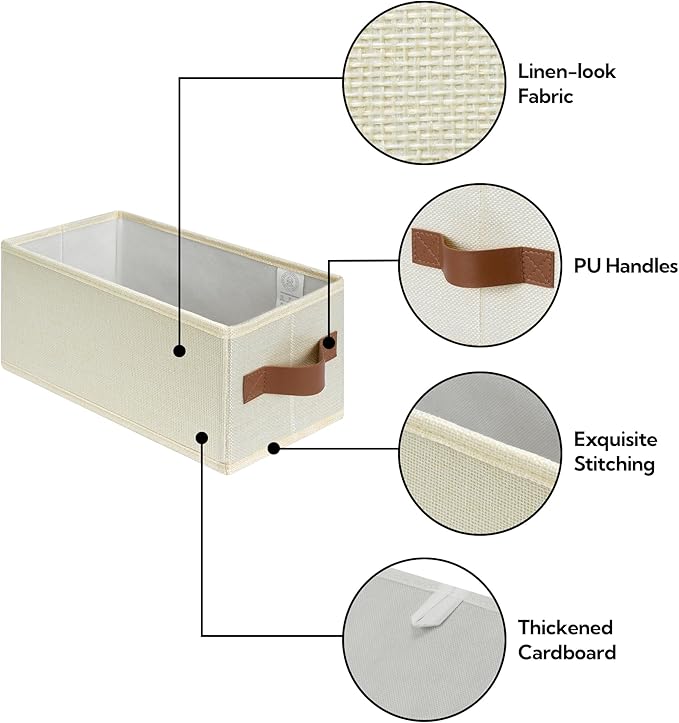 GRANNY SAYS Small Fabric Storage Bins, Storage Baskets for Shelves with PU Handles, Toilet Paper Storage, Mini Baskets for Organizing DVD, Photos, Clothes, Diaper, Sock, Cd, 3-Pack, Ivory