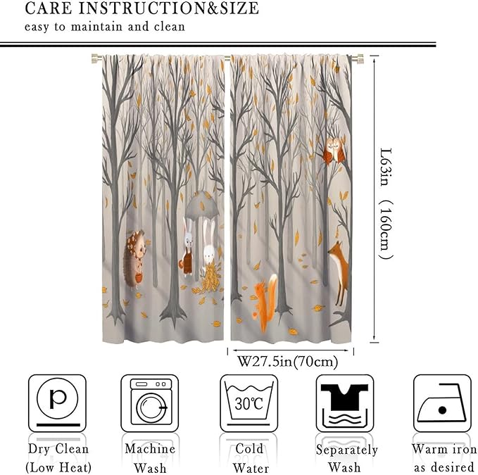 Kids Woodland Animal Window Curtains, Autumn Forest Hedgehog Rabbits Squirrel Fox Birds Blackout Rod Pocket Treatments Drapes for Boys Girls Bedroom 55x63in